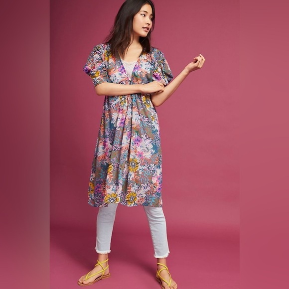 Anthropologie Flutter Sleeve Asymmetrical Tunic Dress Blue Pink - Picture 1 of 14